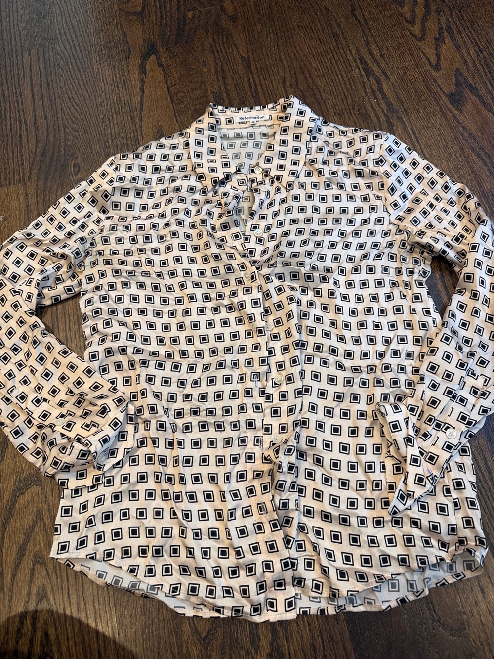 Reformation Equipment Cream Silk Button-Down Blouse with Black Geometric Squares